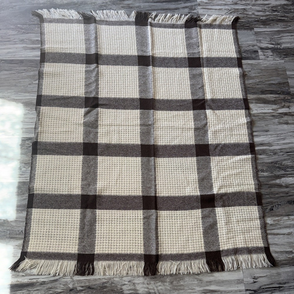 Vintage Faribo Wool Brown Tan Plaid Throw Blanket Fringe 54X46 In Fall
